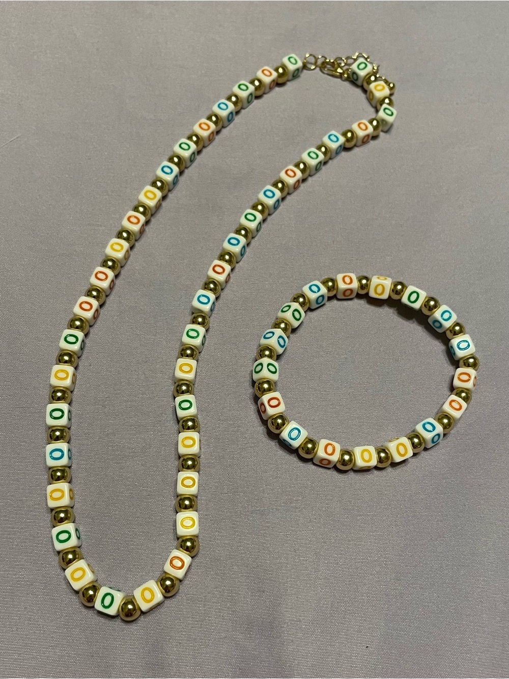 Colorful 'O' Bead Jewelry Set - Matching Alphabet Letter O Necklace & Bracelet (